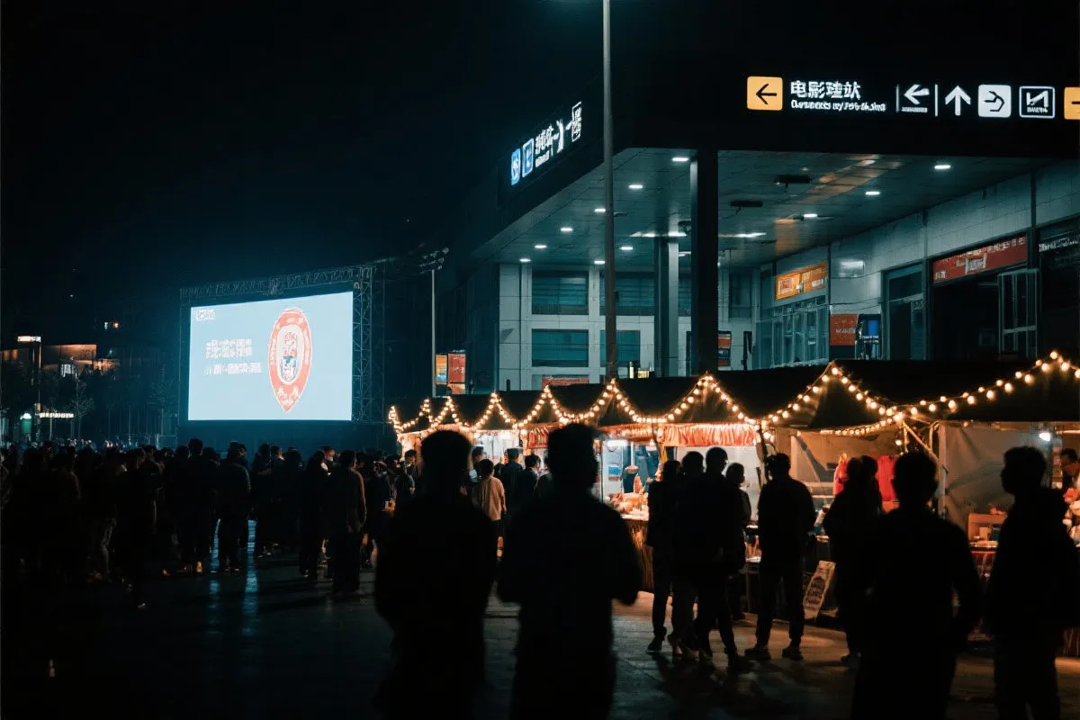 费城球迷广场夜景：大屏观赛人群、步行指示牌与公共交通入口